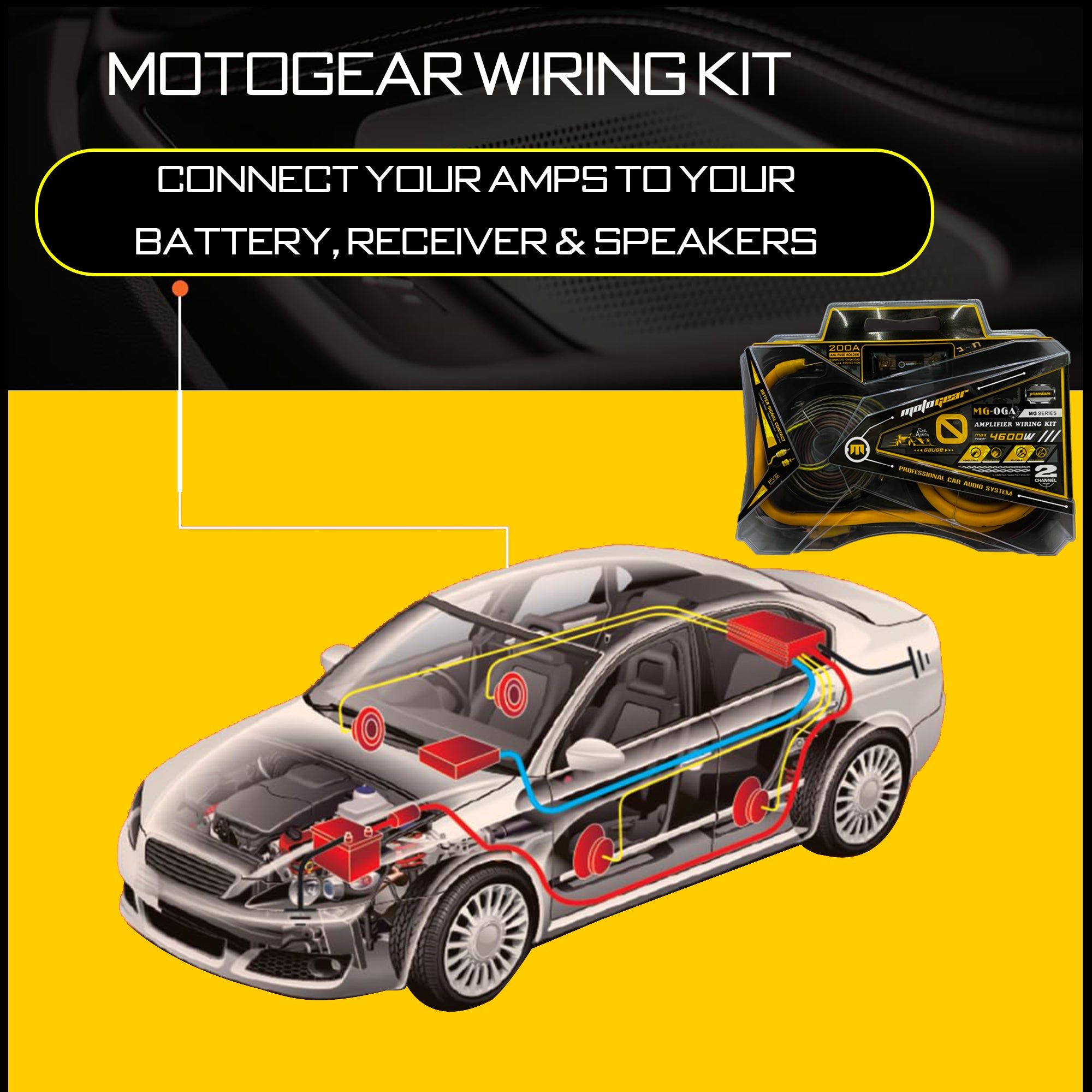 MOTOGEAR 0 Gauge Car Amplifier Wiring Kit | 4600W Power Handling | 100% Oxygen-Free Copper Cable | 200A ANL Fuse | Complete Car Audio Installation Kit