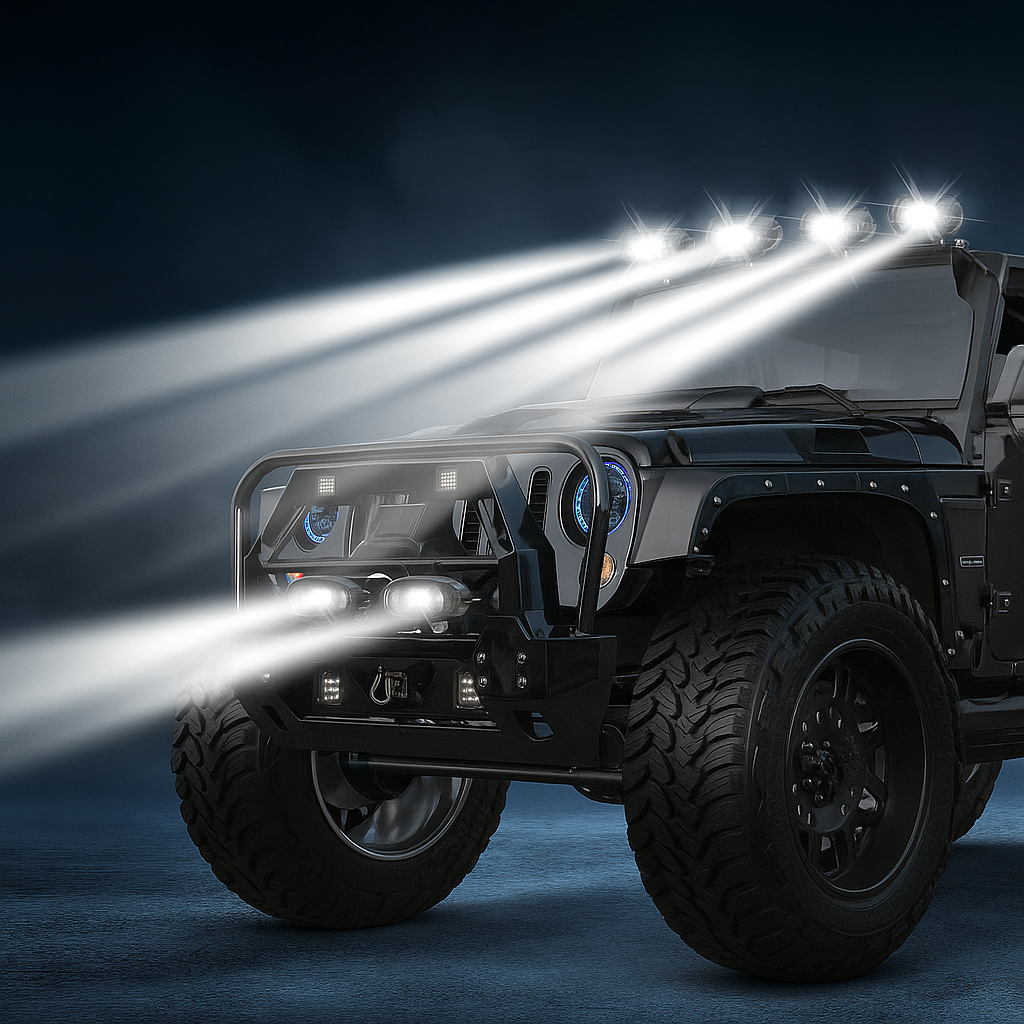 Off-road vehicle with multiple LED fog lights installed, beams illuminating forward into the night.