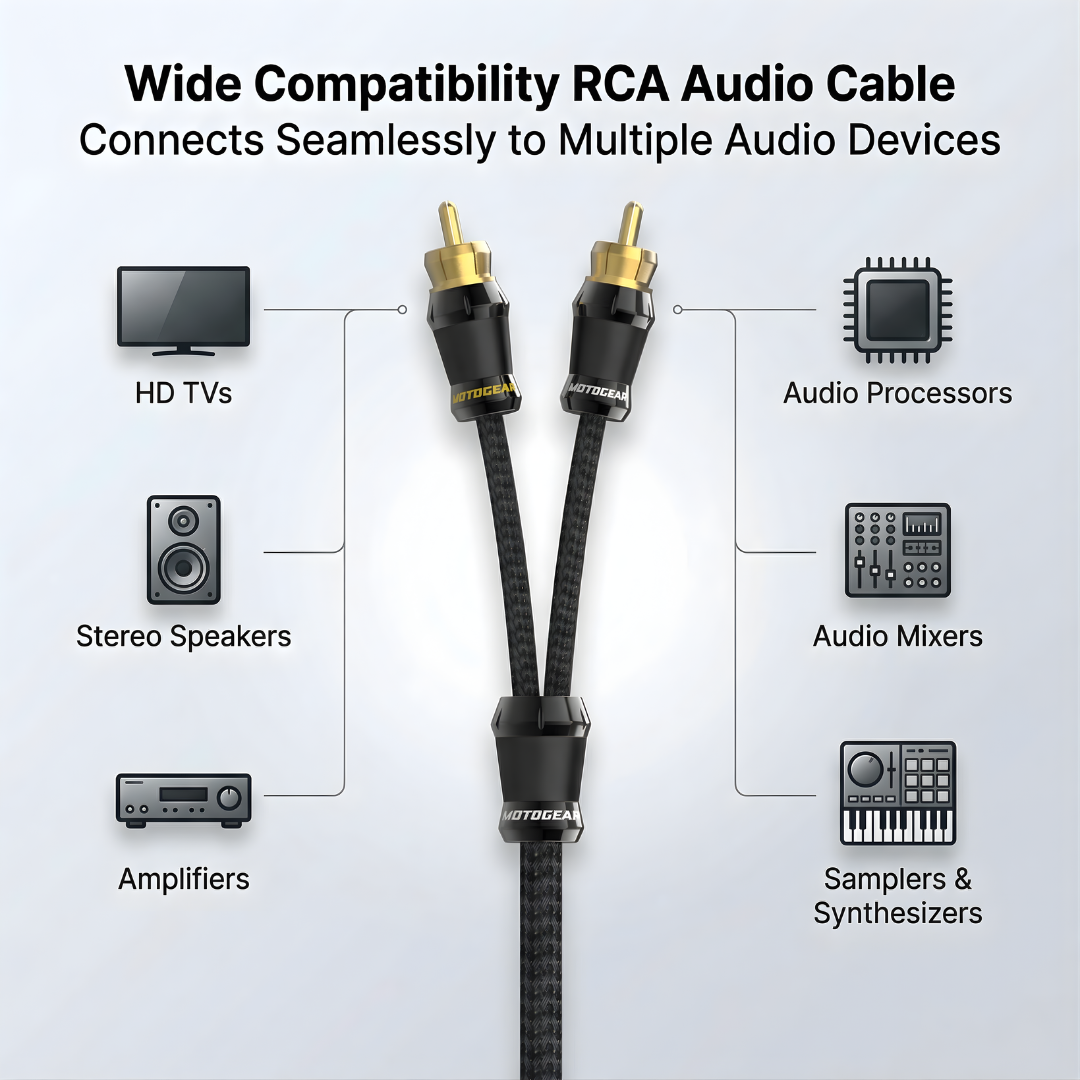 MOTOGEAR 5 Meter 2 Channel RCA Audio Cable | Full Copper Conductors | Universal Fit For TV, Amplifier & Speakers (Pack of 1)