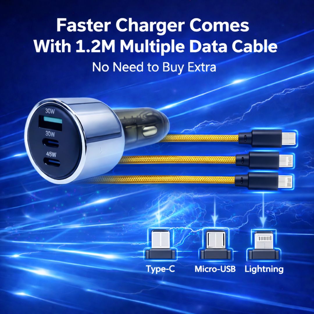 MOTOGEAR 105W 3-in-1 Car Fast Charger with QC 3.0 & Type-C + USB Ports | Braided Multi Cable (Lightning/Micro/Type-C) | Fast Charging Adapter for iPhone, Android & Tablets( Pack of 1)