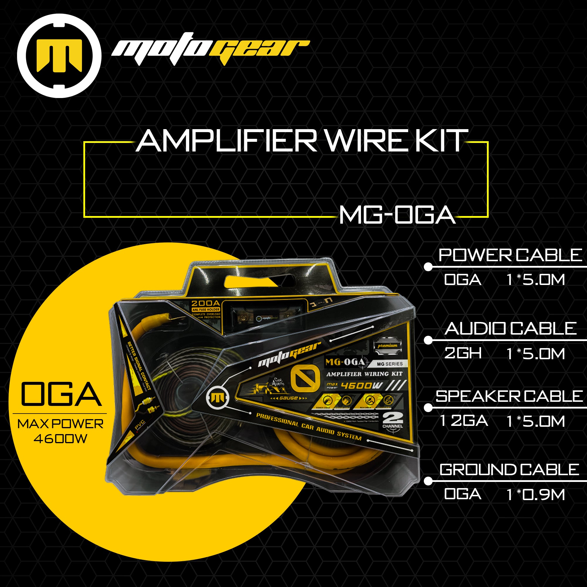 MOTOGEAR 0 Gauge Car Amplifier Wiring Kit | 4600W Power Handling | 100% Oxygen-Free Copper Cable | 200A ANL Fuse | Complete Car Audio Installation Kit