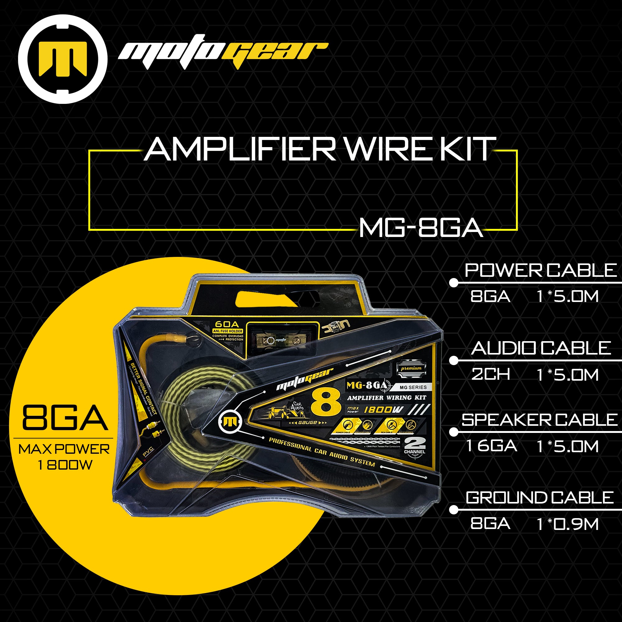 MotoGear MG-8GA 1800 Watts Car Amplifier Wiring Kit with Oxygen-Free Copper Cable | Complete Installation Kit for Subwoofer | Amplifier & Car Audio System