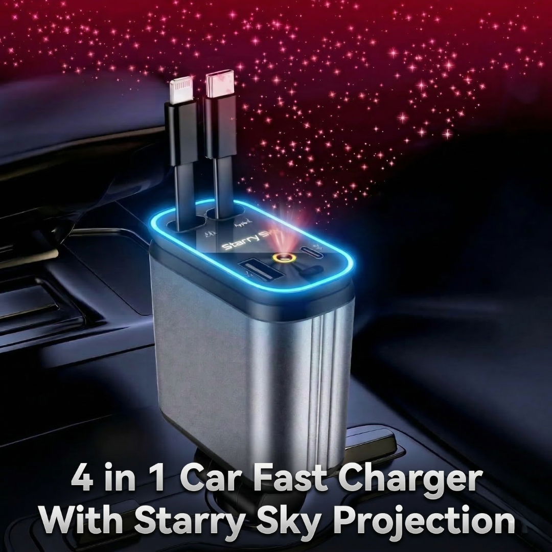 MOTOGEAR 75W 4-in-1 Car Fast Charger with Retractable Cables & LED Light | USB + Type-C Multi Charging for All Devices (Pack of 1)