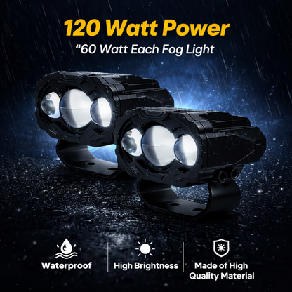 MotoGear Bright White 120 Watt Fog Light With Yellow/White Spot Reflection | Waterproof & Dustproof | Universal For Bikes & Cars (Pack of 2)