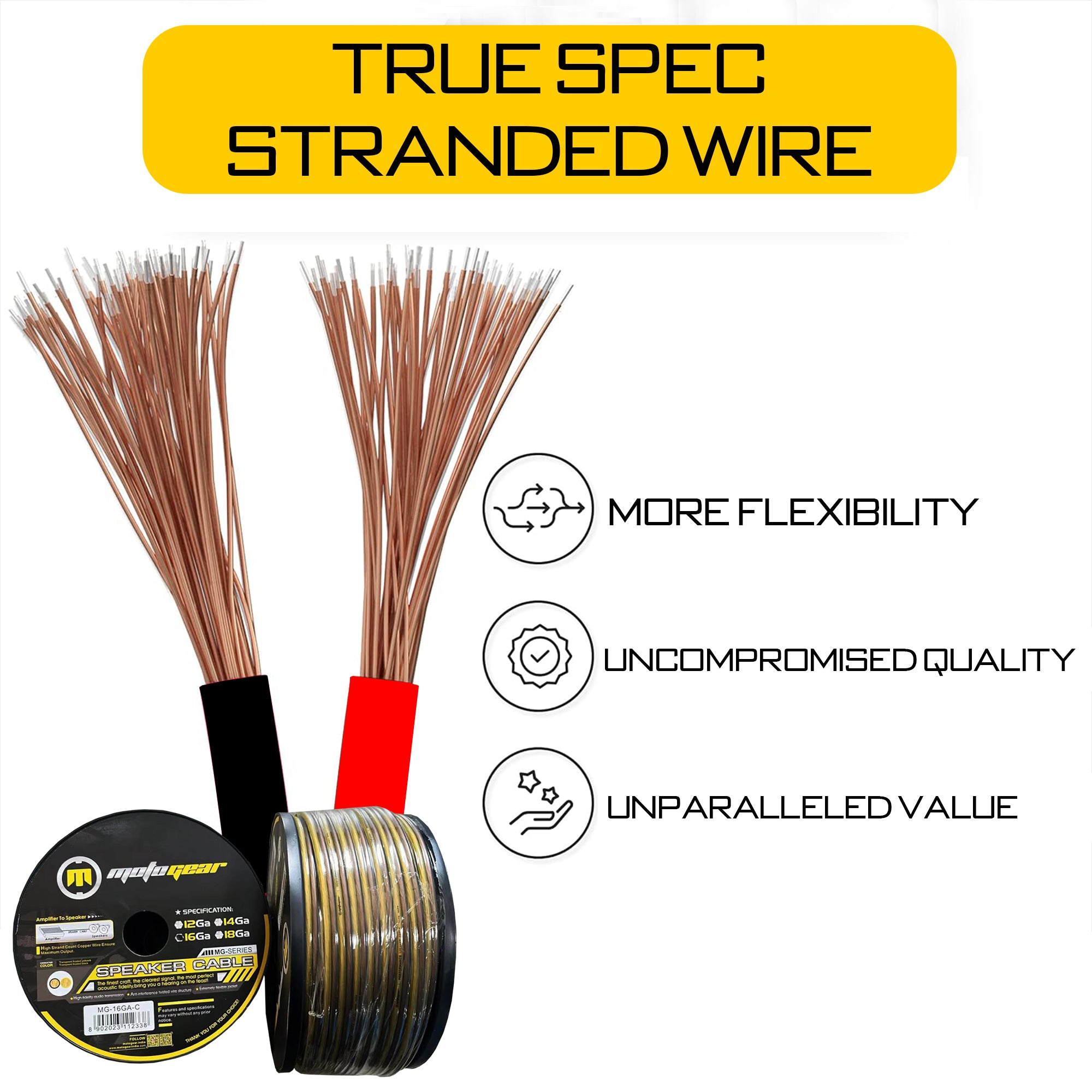 MOTOGEAR MG-16GA 16 Gauge Speaker Cable, 99.9% OFC Copper, Triple Shielded 2-Core Audio Wire for Car Audio, Amplifiers, Home Theatre & Speakers (Pack of 1)