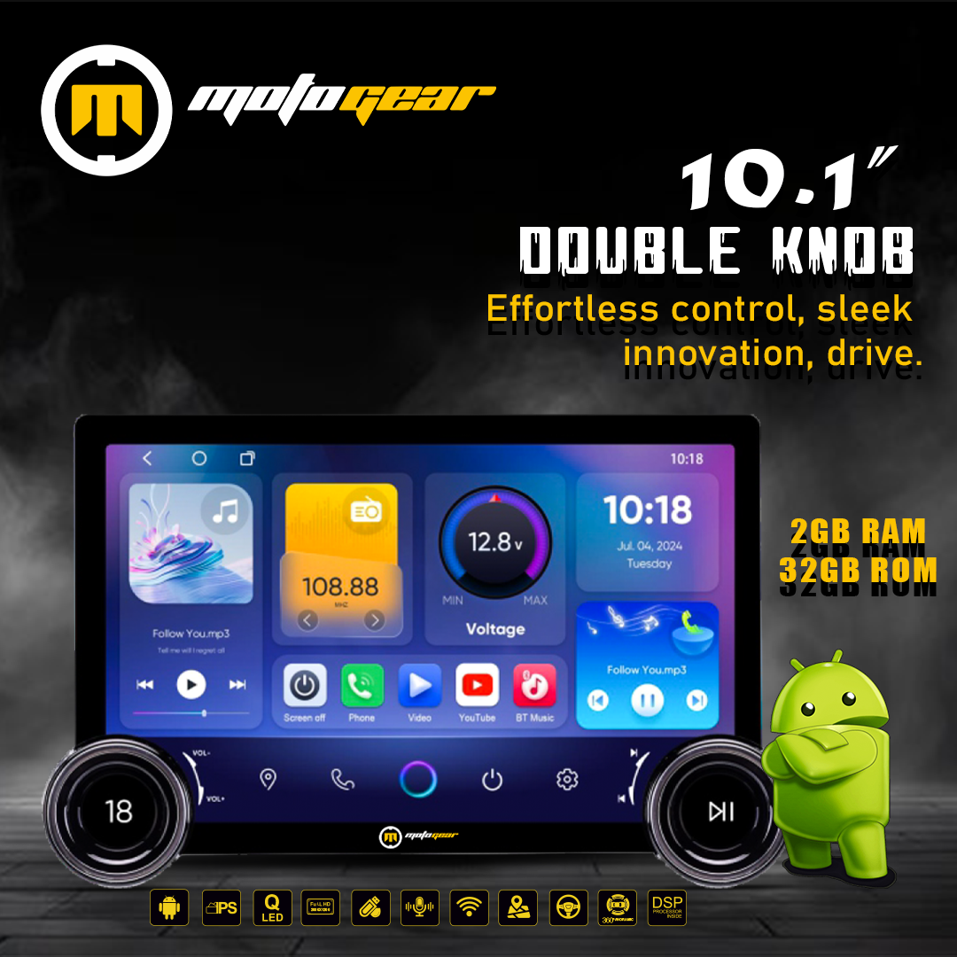 MOTOGEAR Dual-Knob 10.1 Inch Diamond Series Android Player | 2GB RAM + 32GB ROM | QLED Display | Wireless CarPlay & Android Auto | Capacitive Touch Screen