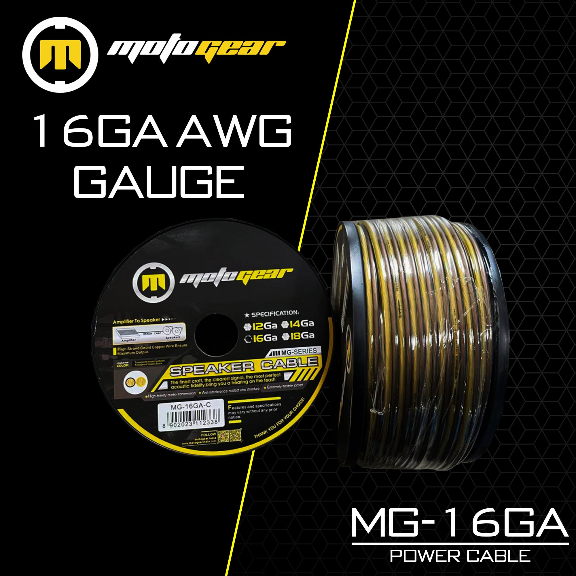 MOTOGEAR MG-16GA 16 Gauge Speaker Cable, 99.9% OFC Copper, Triple Shielded 2-Core Audio Wire for Car Audio, Amplifiers, Home Theatre & Speakers (Pack of 1)