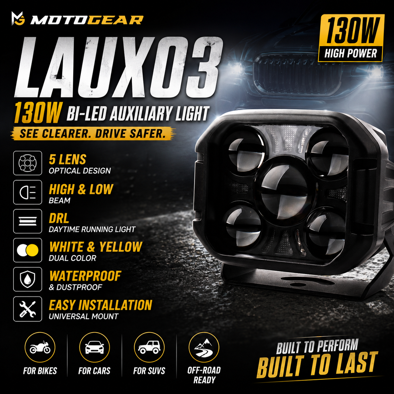 MOTOGEAR LAUX03 130W Bi-LED Auxiliary Light
