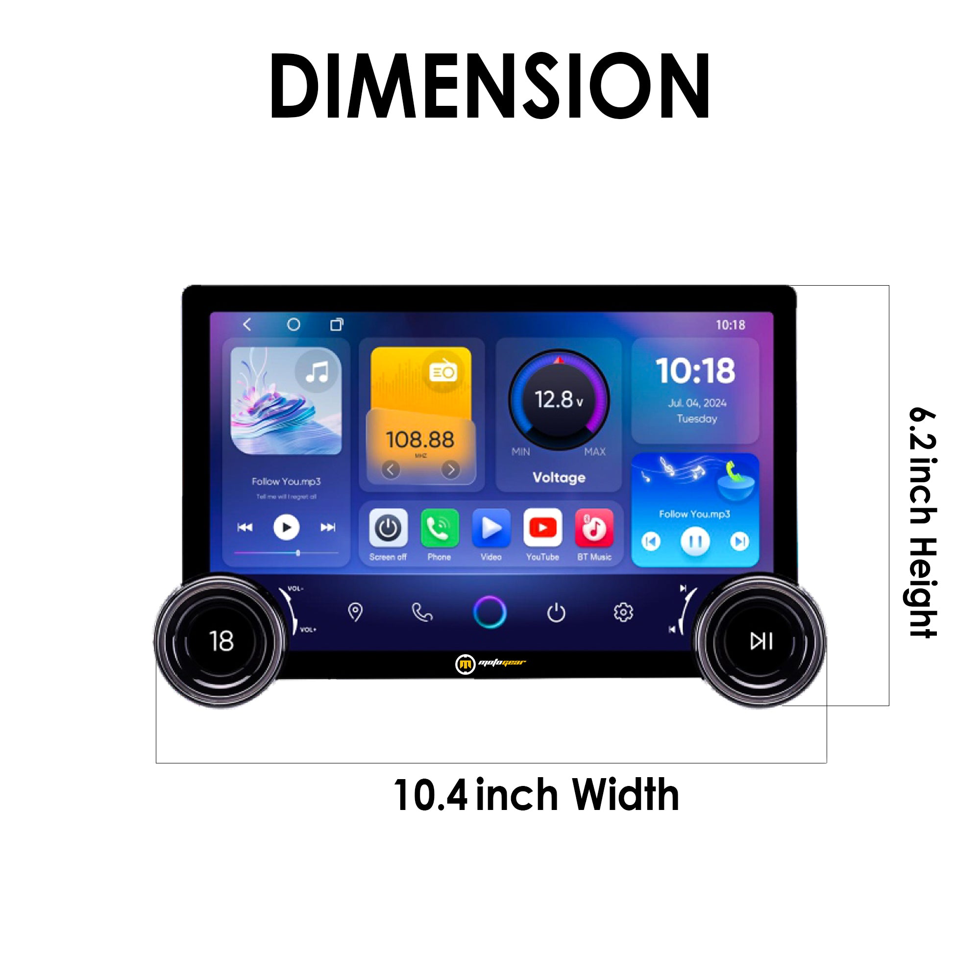 MOTOGEAR Dual-Knob 10.1 Inch Diamond Series Android Player | 2GB RAM + 32GB ROM | QLED Display | Wireless CarPlay & Android Auto | Capacitive Touch Screen