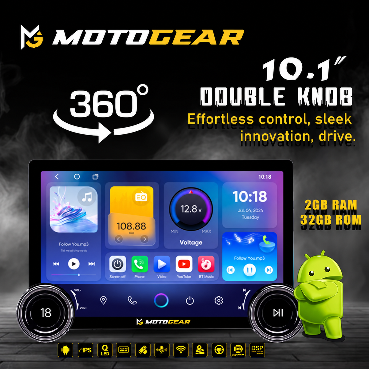 MOTOGEAR Dual-Knob 2GB RAM+32GB ROM 10.1 Inch Android Player With 360° Camera Support