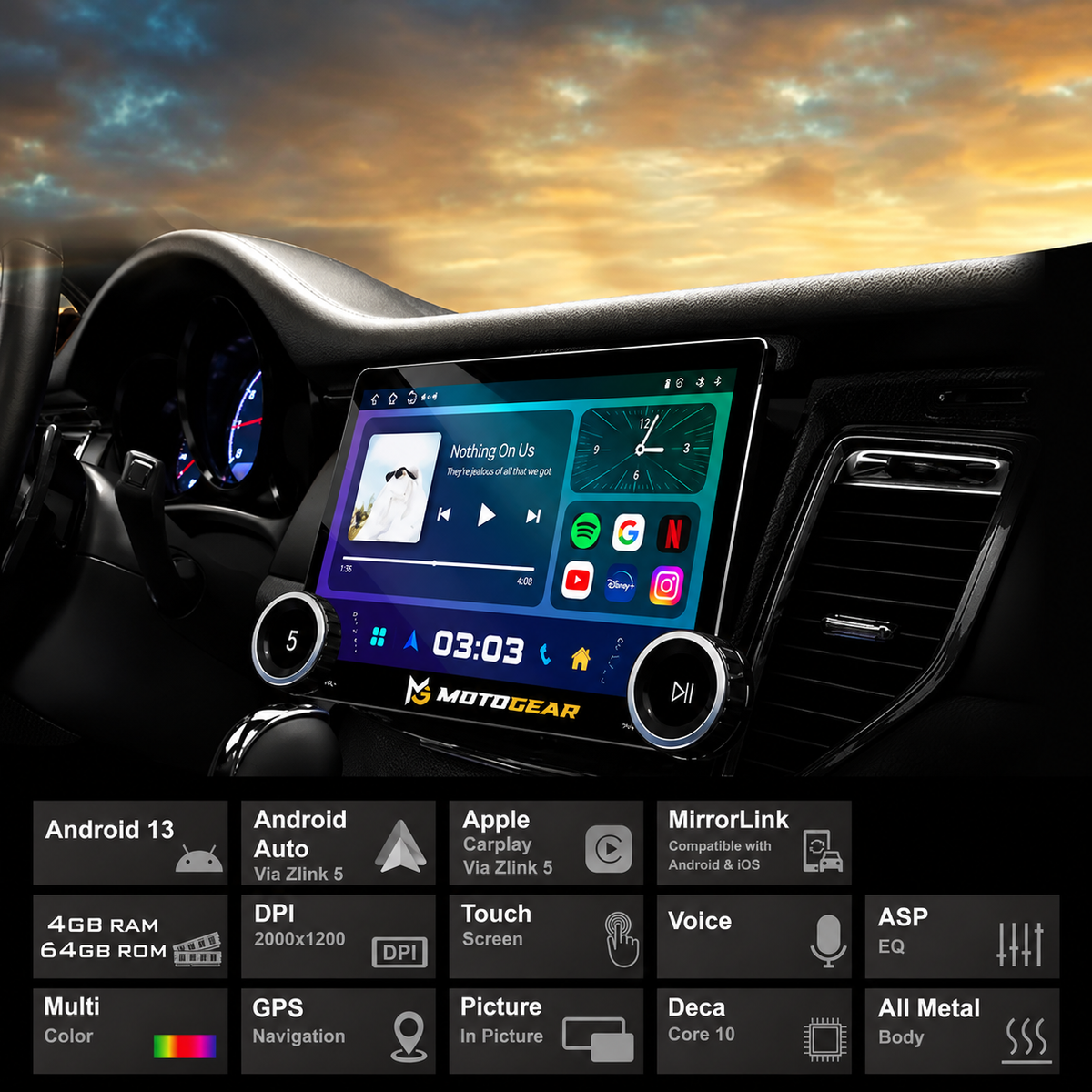 MOTOGEAR Dual Knob 4GB RAM+64GB ROM 11.8 Inch 2K QLED Android Player With 360° Camera Support