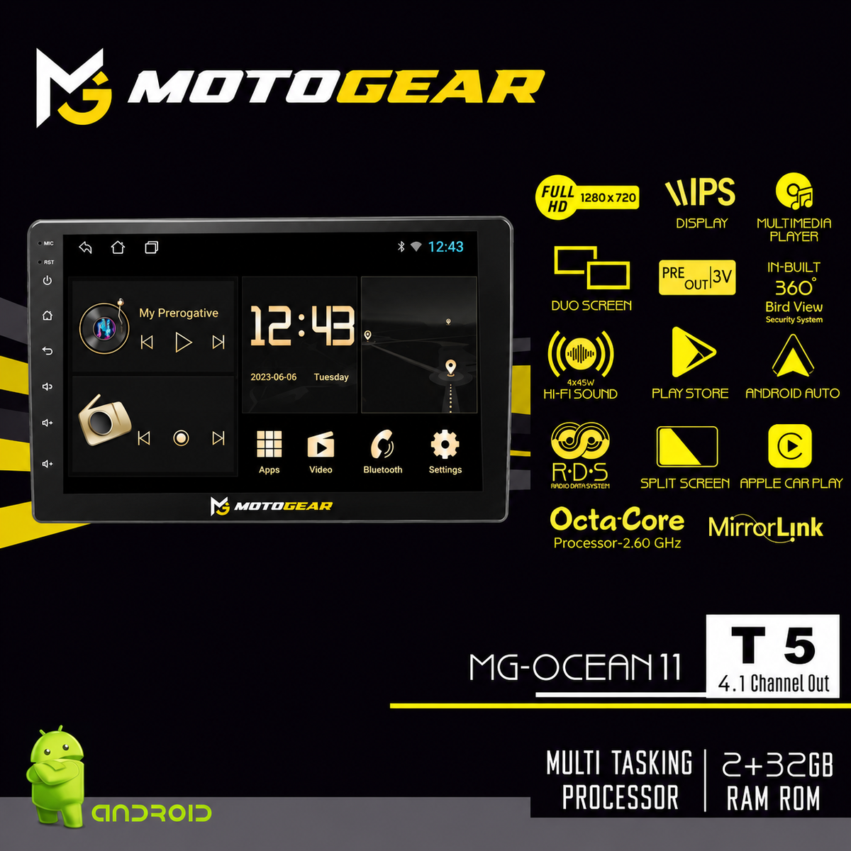 MOTOGEAR Ocean-11 2GB RAM+32GB ROM 10 Inch IPS HD Android Car Player