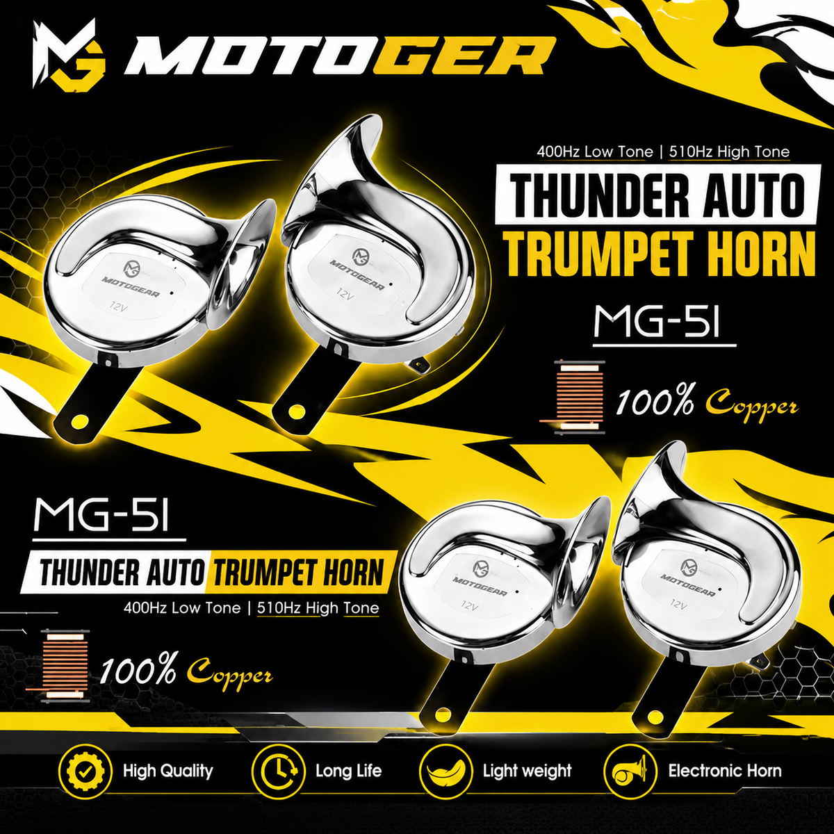 MOTOGEAR MG-51 112dB Dual Tone Trumpet Horn