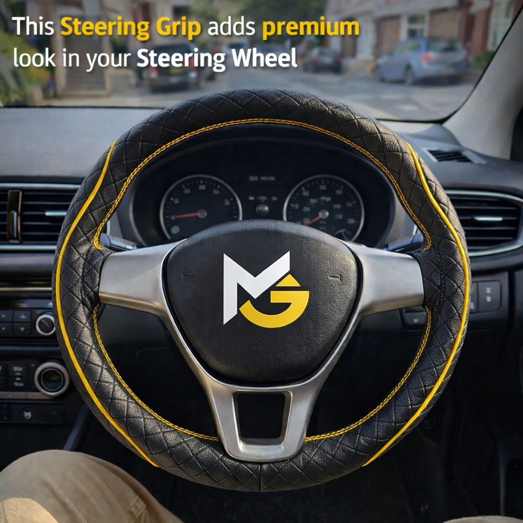 MotoGear Tiger Spirit Black Leather Steering Wheel Cover, Universal Leatherette Grip, Anti-Slip Sweat-Resistant, Durable Stitched, Premium Jet Black Interior Accessory for Cars & SUVs