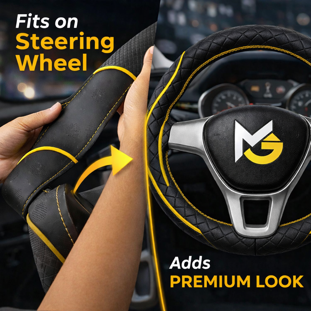 MotoGear Tiger Spirit Black Leather Steering Wheel Cover, Universal Leatherette Grip, Anti-Slip Sweat-Resistant, Durable Stitched, Premium Jet Black Interior Accessory for Cars & SUVs