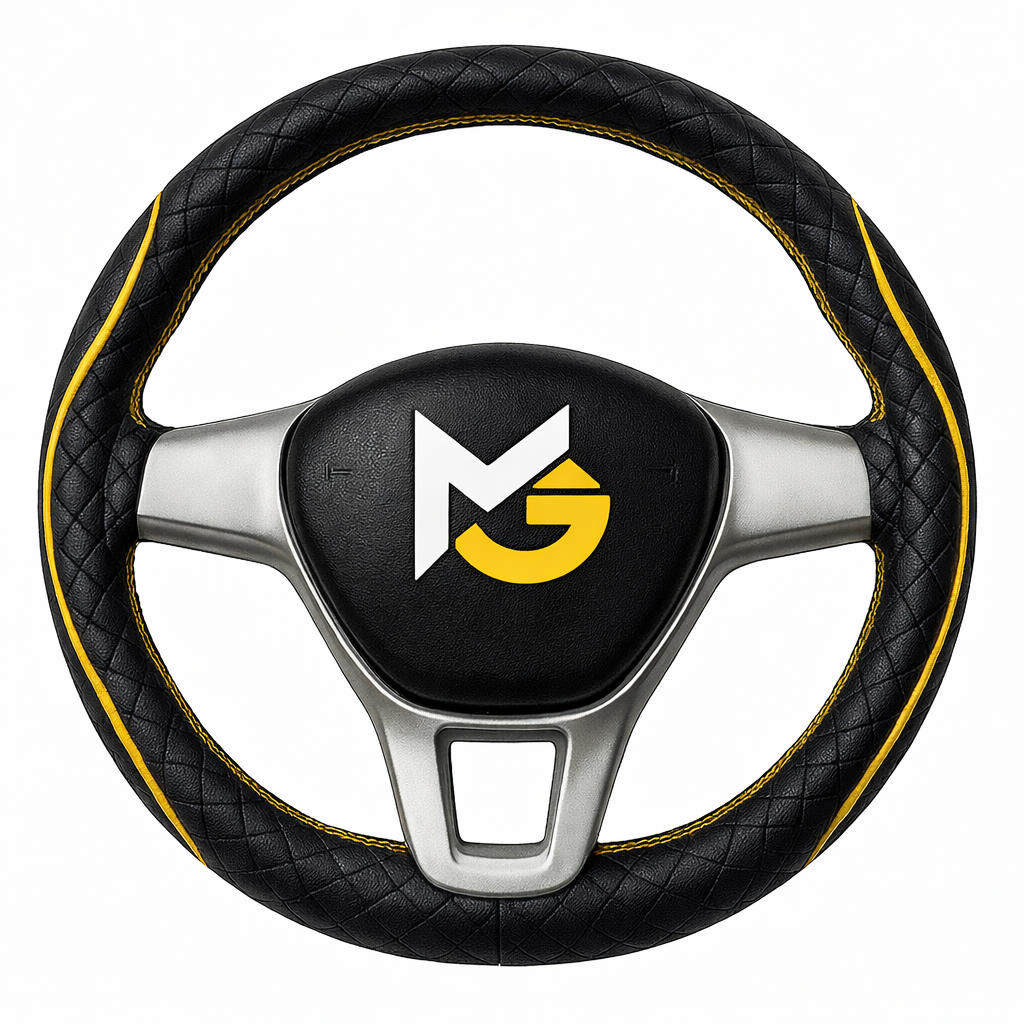MotoGear Tiger Spirit Black Leather Steering Wheel Cover, Universal Leatherette Grip, Anti-Slip Sweat-Resistant, Durable Stitched, Premium Jet Black Interior Accessory for Cars & SUVs